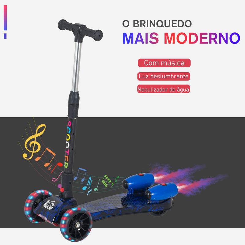 Trotinete dobrável para crianças acima de 3 anos altura ajustável em 4 níveis luzes musica e Nevoeiro de água 61x26x63-81 cm Azul