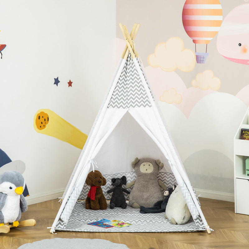 Tenda Tipi para Crianças acima de 3 Anos Tenda Infantil de Madeira Portátil com Janela Almofada e Bolsa de Transporte para Interiores e Exteriores 120x120x155cm Cinza