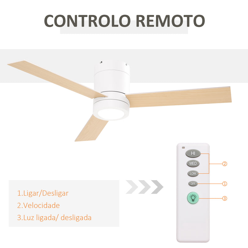 Ventoinha de Teto 48W com Luz LED Controle Remoto 3 Velocidades Temporizador 3 Lâminas de Madeira para Dormitório Sala de Estar Sala de Jantar Ø112x25cm Branco