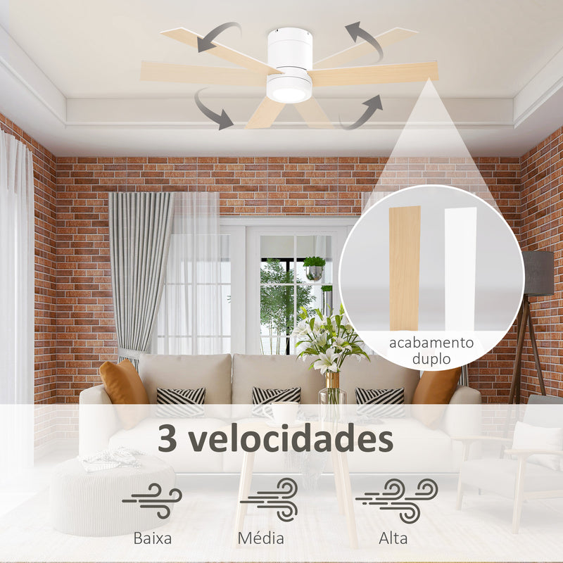 Ventoinha de Teto 48W com Luz LED Controle Remoto 3 Velocidades Temporizador 3 Lâminas de Madeira para Dormitório Sala de Estar Sala de Jantar Ø112x25cm Branco