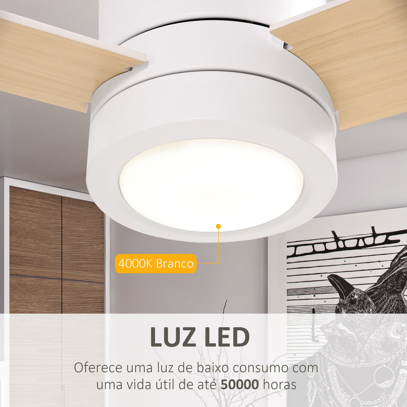 Ventoinha de Teto 48W com Luz LED Controle Remoto 3 Velocidades Temporizador 3 Lâminas de Madeira para Dormitório Sala de Estar Sala de Jantar Ø112x25cm Branco