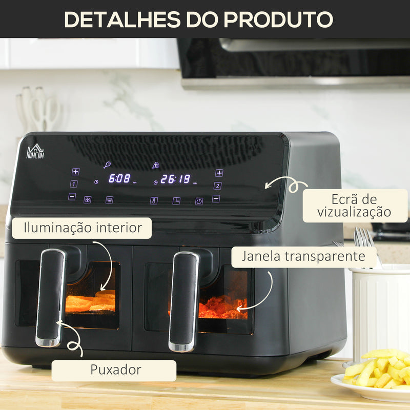 Fritadeira sem Óleo Dupla 8L Fritadeira de Ar Quente 2500W com 8 Programas Ecrã LED Tátil Temperatura Ajustável 80-200°C Temporizador e Cesta Antiaderente 38,5x38x30,5 cm Preto