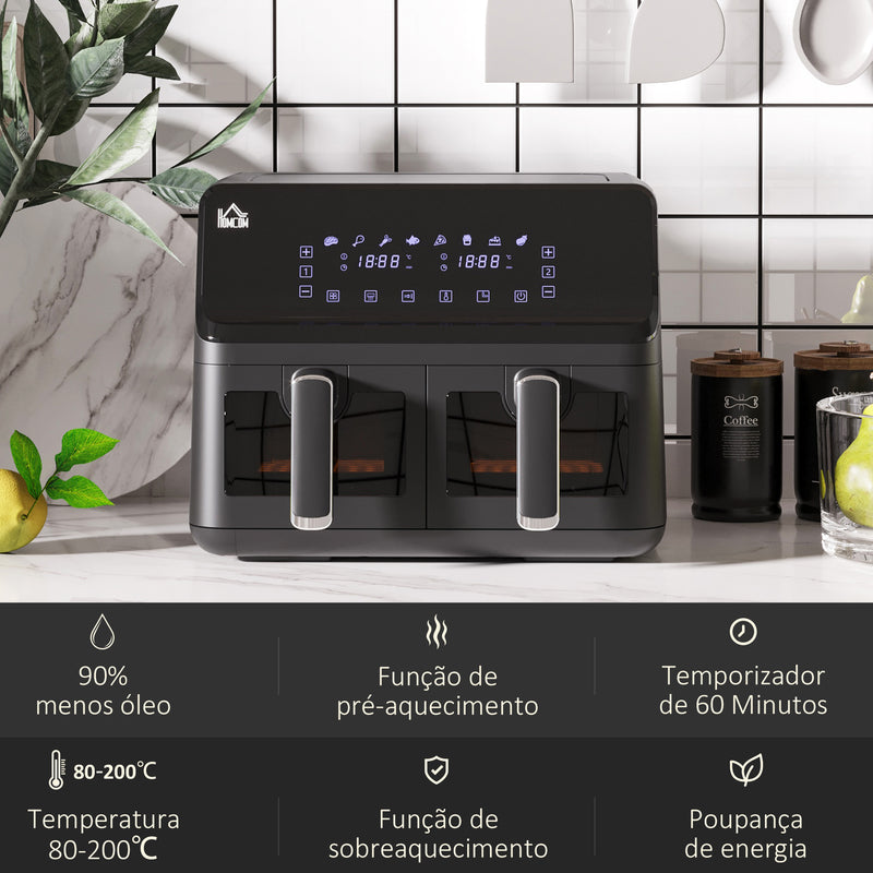 Fritadeira sem Óleo Dupla 8L Fritadeira de Ar Quente 2500W com 8 Programas Ecrã LED Tátil Temperatura Ajustável 80-200°C Temporizador e Cesta Antiaderente 38,5x38x30,5 cm Preto