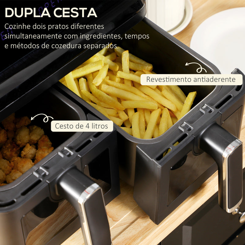 Fritadeira sem Óleo Dupla 8L Fritadeira de Ar Quente 2500W com 8 Programas Ecrã LED Tátil Temperatura Ajustável 80-200°C Temporizador e Cesta Antiaderente 38,5x38x30,5 cm Preto