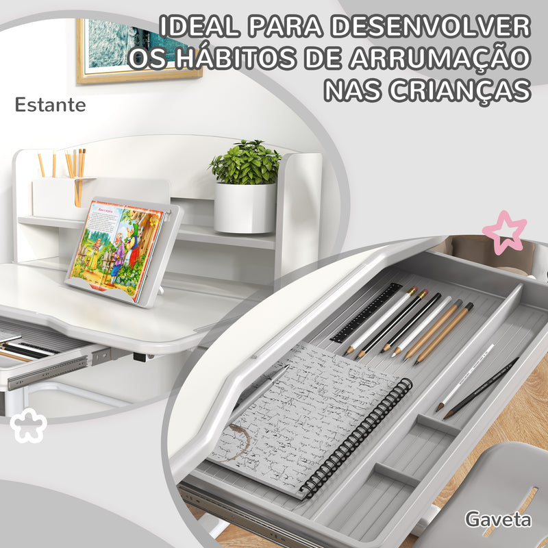 Conjunto de Secretária e Cadeira para Crianças de 6-12 Anos Secretária para Crianças com Altura Ajustável com 1 Gaveta 1 Prateleira para Livros e Ângulo da Mesa Ajustável 80x54,5x82-104 cm Cinza e Branco