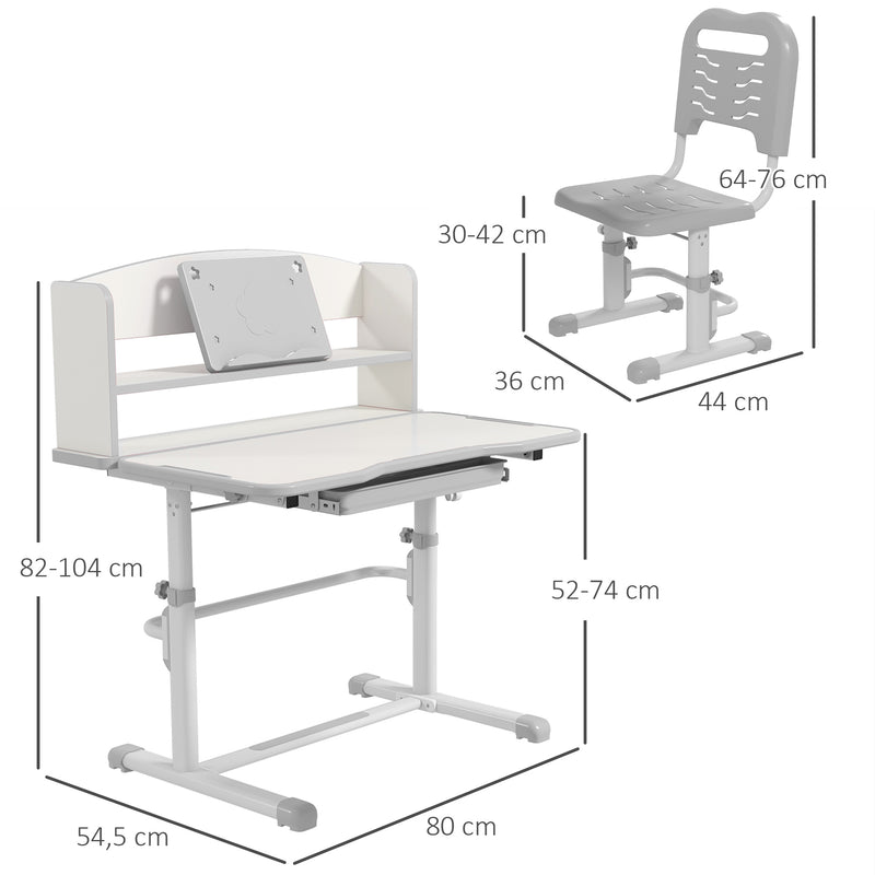 Conjunto de Secretária e Cadeira para Crianças de 6-12 Anos Secretária para Crianças com Altura Ajustável com 1 Gaveta 1 Prateleira para Livros e Ângulo da Mesa Ajustável 80x54,5x82-104 cm Cinza e Branco