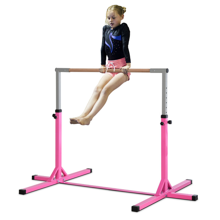 Barra de Ginástica para Crianças acima de 3 Anos Barra de Treino com Altura Ajustável 92-150 cm Barra Horizontal de Ginástica Carga 75 kg 197x121x150 cm Rosa