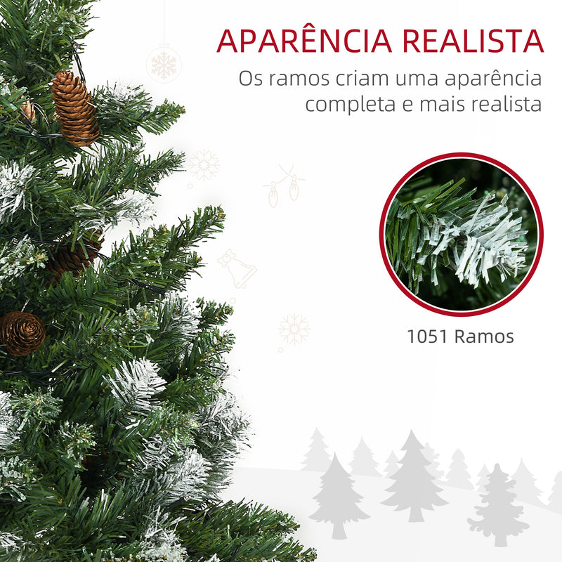 Árvore de Natal Artificial com Luzes LED Altura 230 cm Árvore de Natal Slim com 1051 Ramos 45 Pinhas e Base Dobrável Ø100x230 cm Verde