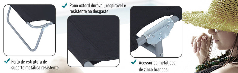 Espreguiçadeira Dobrável reclinável de ferro pano de oxford para jardim 187x58x27cm preto