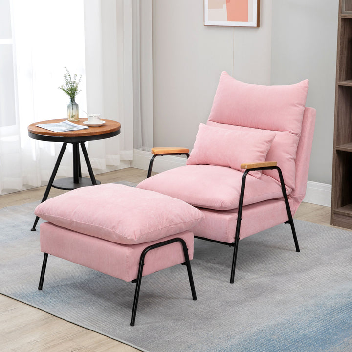 Poltrona Relax com Apoio para os Pés Poltrona Reclinável com Encosto Ajustável Estofada em Veludo Estrutura de Aço e Almofadas para Sala de Estar Dormitório 68x91,5x88cm Rosa