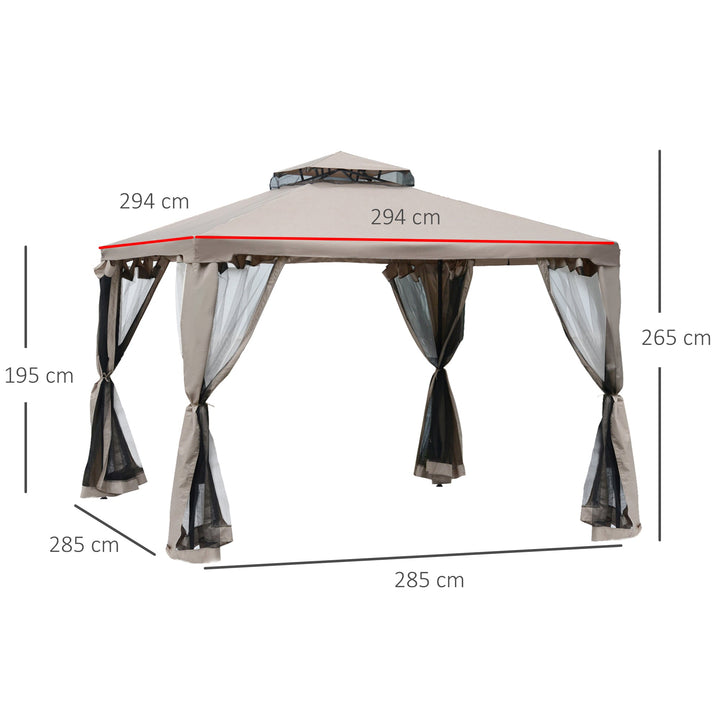 Pérgola de Jardim 3x3m Pérgola de Exterior com Duplo Teto de Ventilação 4 Cortinas Laterais 4 Orifícios de Drenagem e 4 Telas Mosquiteiras com Zíper para Festas Pátio Marrom Cáqui
