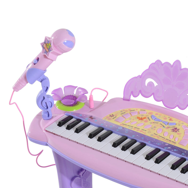 Órgão Eléctrico Infantil 37 Teclas Piano Infantil com Microfone Banquinho Luzes Ritmos Sons MP3 Karaoke Modo Aprender Rosa