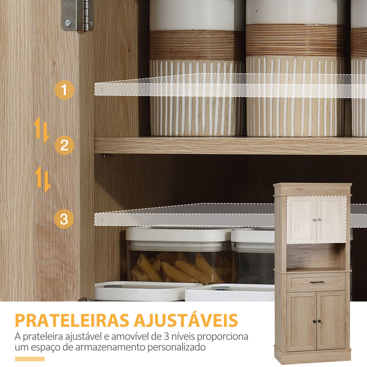 Armário de Cozinha Móvel Auxiliar de Cozinha com 4 Portas 1 Gaveta e Prateleira Aberta para Sala de Estar Sala de Jantar 74x39,5x183cm Carvalho