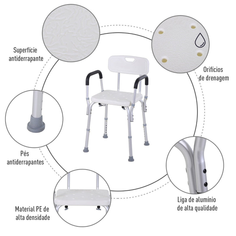 Cadeira de banho ajustável em altura incorpora encosto e apoio de braço