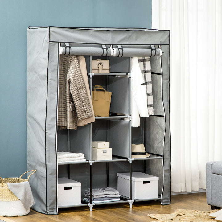 Roupeiro de Tecido Dobrável Armário Portátil com 8 Prateleiras de Armazenamento e 2 Barras de Pendurar Organizador de Roupa para Dormitório Vestidor 125x43x162,5cm Cinza Claro