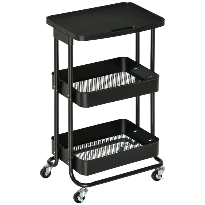 Carrinho de Cozinha com Rodas Carrinho de Armazenamento de 3 Níveis e Rodas com Freio para Sala de Estar Dormitório Escritório 46x34,5x76,5cm Preto