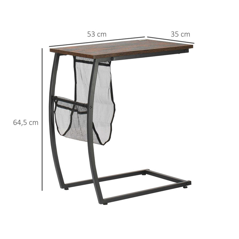 Mesa Auxiliar para Sofá e Cama em Forma de C com Bolso de Armazenamento Mesa Lateral de Estilo Industrial 53x35x64,5cm Marrom Rústico