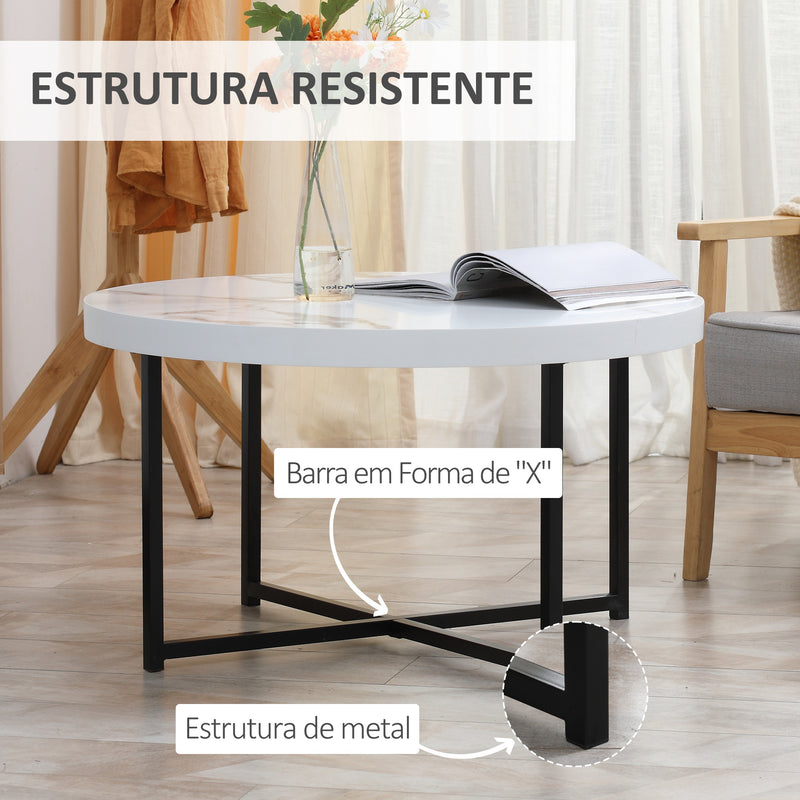 mesa de Centro Mesa de Sala de Estar Redonda com Bancada Similar ao Mármore e Estrutura de Metal para Escritório Estilo Moderno 80x80x45cm Branco e Preto