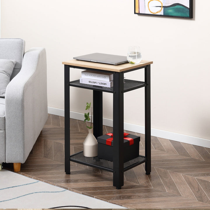 Mesa Auxiliar Mesa de Cabeceira Estilo Industrial com 2 Prateleiras de Grade de Metal e Pés Ajustáveis 45x35x75cm Carvalho e Branco