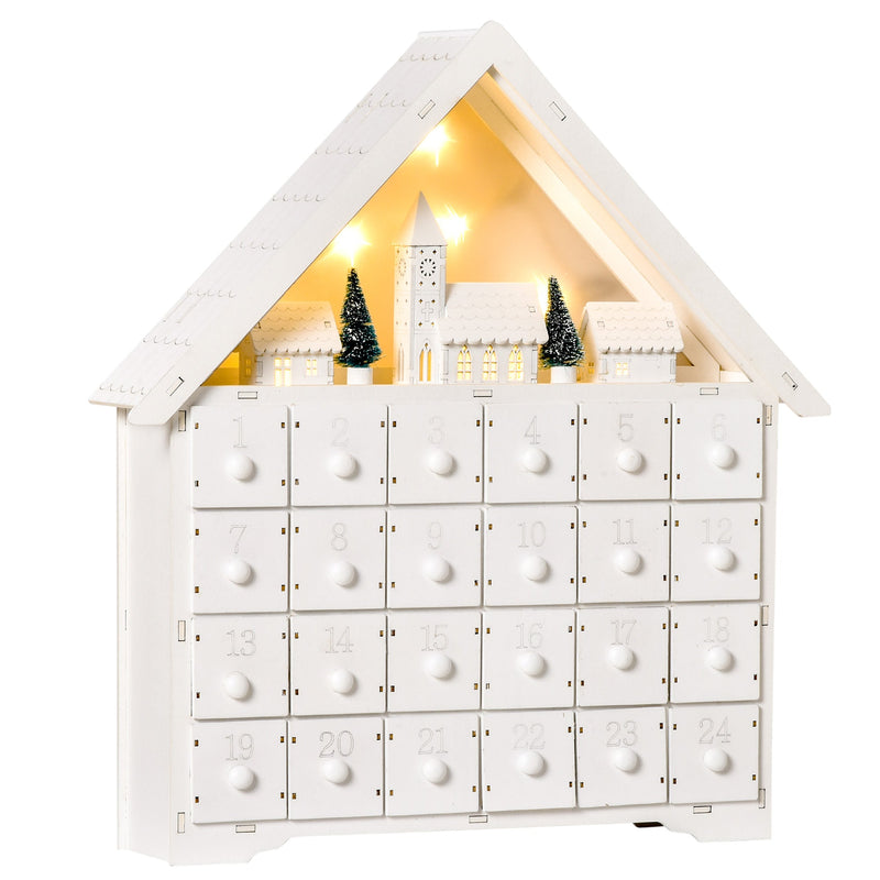 Calendário de Advento de Natal Madeira com 24 Gavetas e Luzes LED Decoração de Natal Modelo Casinha 39x9x42cm Branco