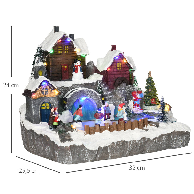 Aldeia de Natal Cena Decorativa de Natal Iluminada com Luzes LED Árvore Giratória e Pista de Patinagem Decoração de Natal de Mesa 32x25,5x24cm Multicor