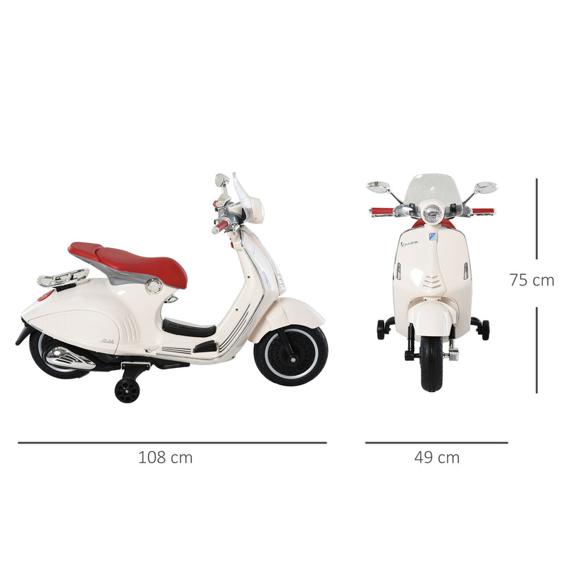 Mota elétrica infantil Vespa para crianças acima de 3 Anos com Faróis Música 2 Rodas Auxiliares 108x49x75 cm Branco