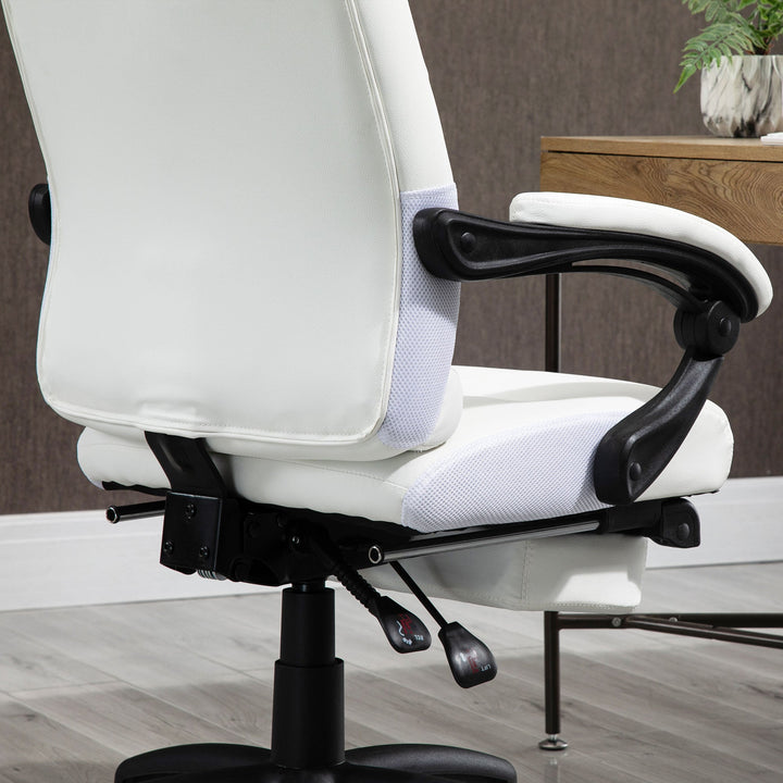 Cadeira de escritório ergonômica giratória com função de inclinação altura ajustável Apoio de braço e apoio para os pés em couro sintético 65x65x114-124 cm Branco