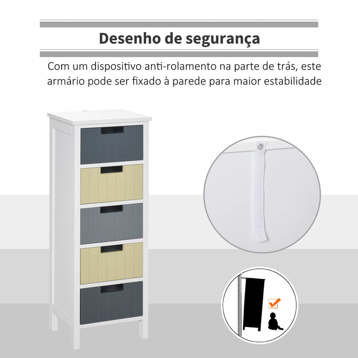 Cómoda de Madeira com 5 Gavetas Cómoda Auxiliar de Armazenamento com Pés Elevados Estilo Moderno para Dormitório Sala de Estar Casa de Banho 35x28x90,5cm Multicor