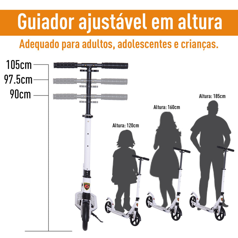 Trotinete dobrável altura ajustável e guiador para adultos e crianças acima de 14 anos com rodas grandes e freio Carga 100kg branco