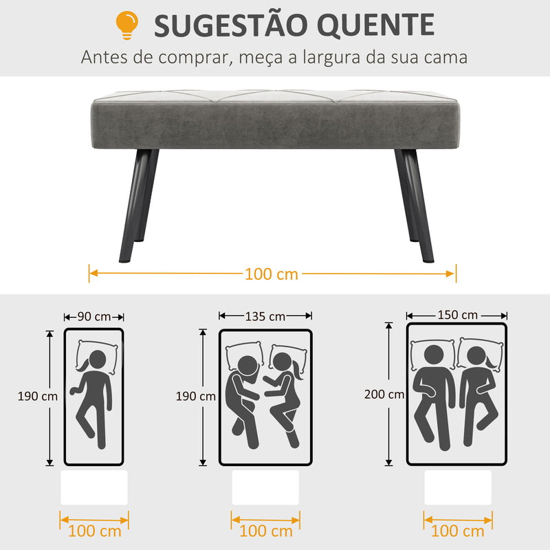 Banco de Pé de Cama Multifuncional Banco de Pé de Cama Moderno Banco de Dormitório com Pés de Aço e Assento Acolchoado Carga Máxima 120 kg Entrada Corredor 100x36x45 cm Cinza