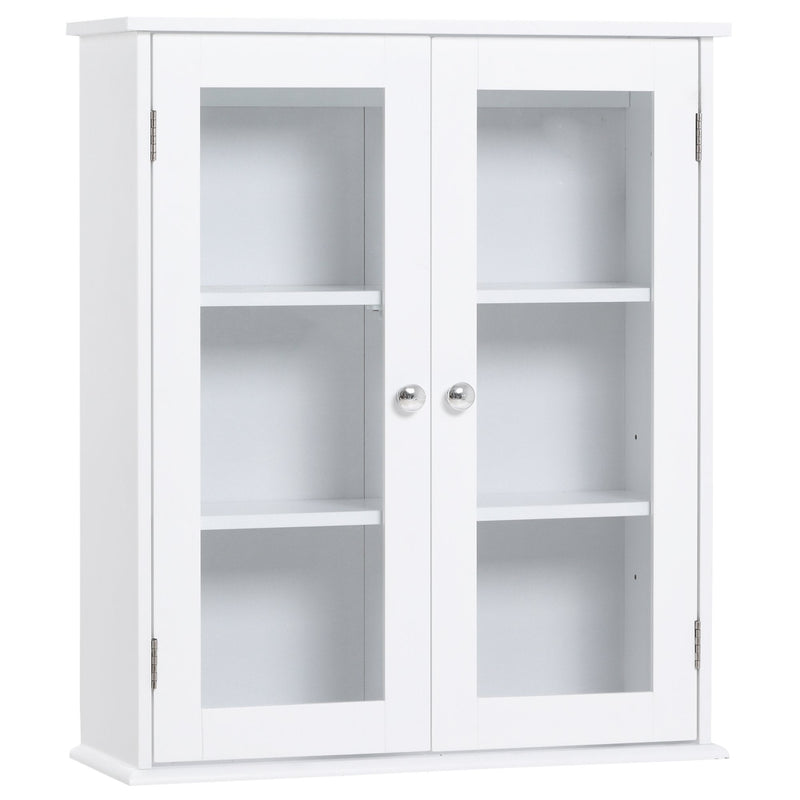 Kleanklin Armário Casa de Banho de Parede com 2 Portas de Cristal Armário Suspenso com Prateleiras Ajustáveis em Altura Multiuso para Cozinhas Sala de Estar 55x20x65cm Branco