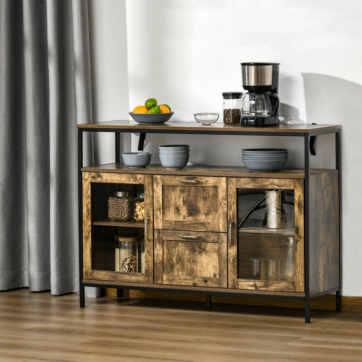 Aparador de Cozinha com 2 Portas de Cristal 2 Gavetas e Prateleiras Ajustáveis em Altura Armário Auxiliar de Estilo Industrial para Sala de Estar Sala de Jantar 120x40x88,5 cm Marrom Rústico