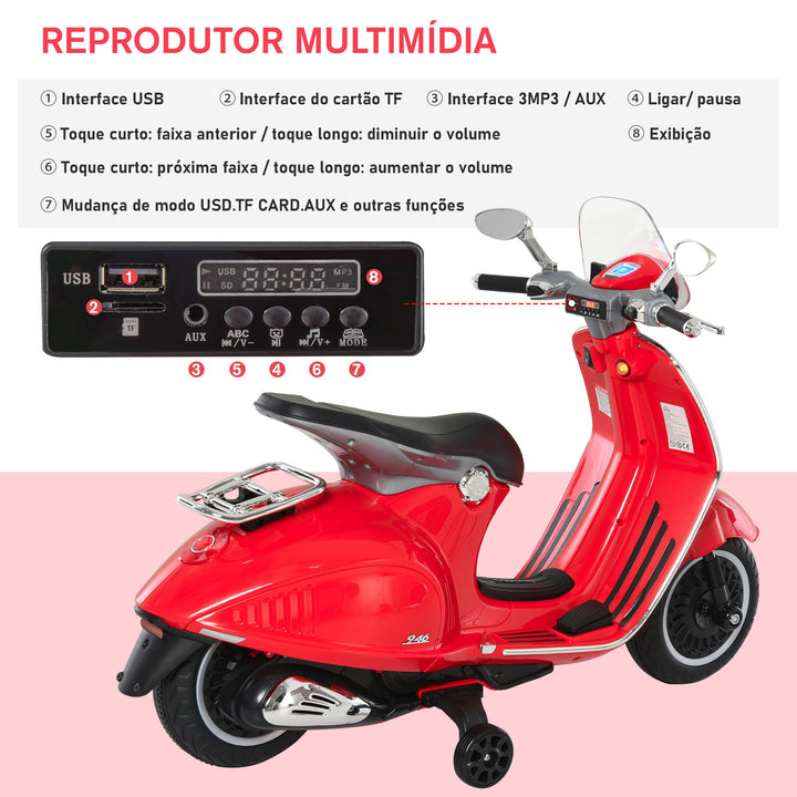 Mota elétrica Vespa para crianças acima de 3 Anos com Faróis Música 2 Rodas Auxiliares 108x49x75 cm Vermelho