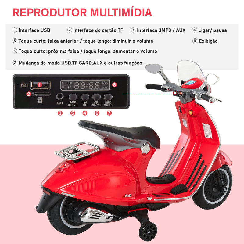 Mota elétrica Vespa para crianças acima de 3 Anos com Faróis Música 2 Rodas Auxiliares 108x49x75 cm Vermelho