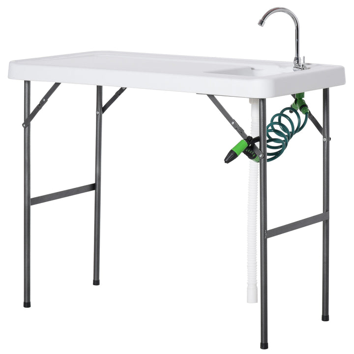 Mesa de piquenique dobrável com torneira de pia e pistola de irrigação extensível 114,5x59x94,5 cm Branco