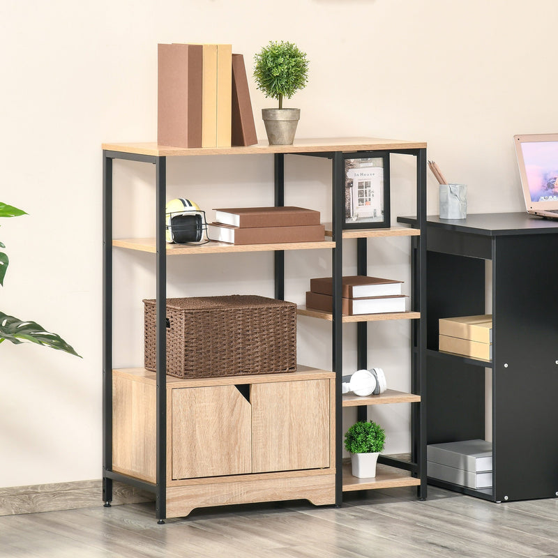 Estante para Livros com Múltiplas Prateleiras Abertas e 1 Armário com Porta Dupla Estante de Armazenamento para Escritório Sala de Estar 80x35x97cm Madeira Natural