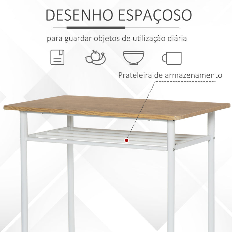 Conjunto de Móvel Bar Conjunto de Mesa Alta e 2 Bancos com Prateleira de Armazenamento e Estrutura de Metal para Cozinha Sala de Jantar 80x50x90cm Branco e Madeira