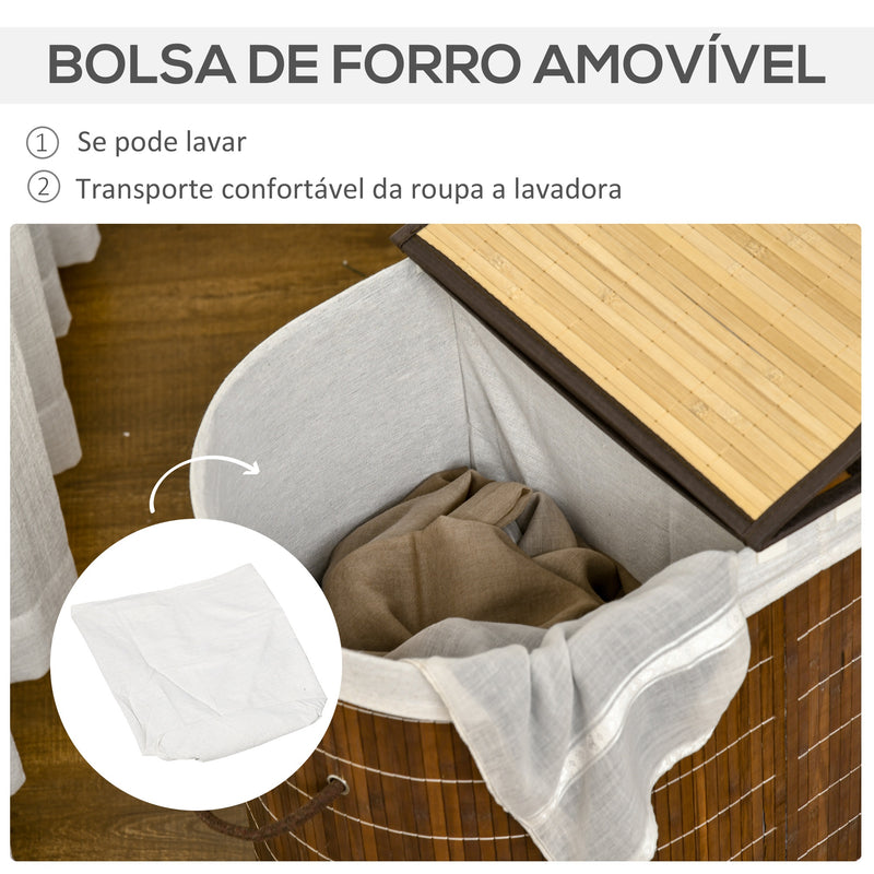 Cesto de Roupa de Bambu Capacidade de 100L Cesto para Roupa Suja com Tampa Rebatível e Bolsa com 2 Compartimentos Amovível 62,5x37x60,5cm Marrom