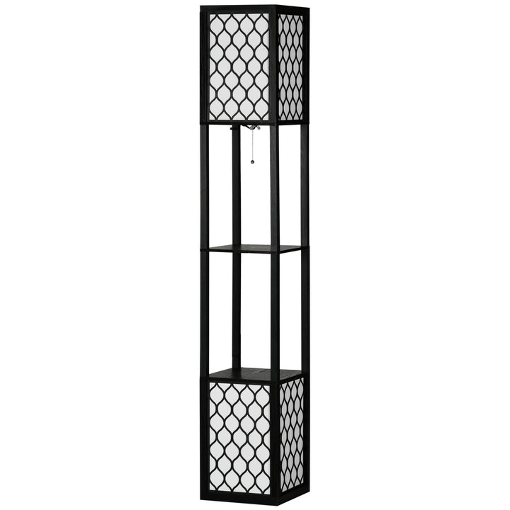 Candeeiro de Pé de Madeira Candeeiro de Pé com Estantes Lâmpada E27 Máx. 40W com Interruptor para Sala de Estar Dormitório Escritório 26x26x156cm Preto e Branco