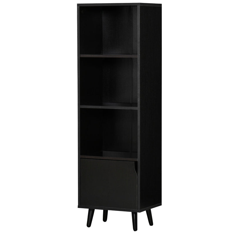 Estante com 3 Prateleiras Abertas e 1 Fechada com Porta Estante de Estilo Moderno para Armazenamento de Livros Brinquedos Plantas 40x30x129,5cm Preto