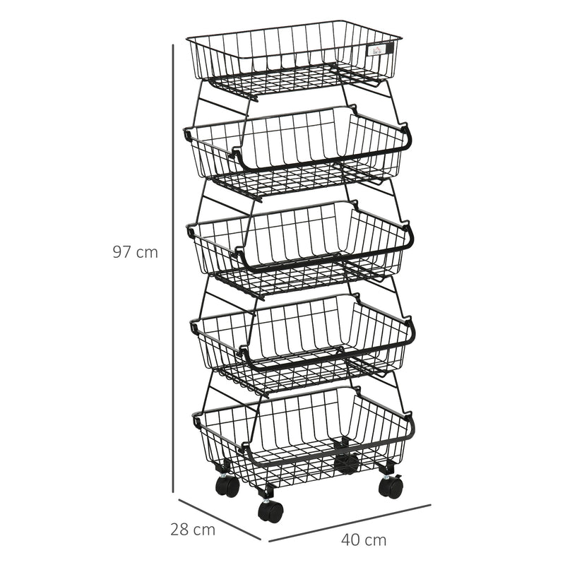 Fruteira Cesto para Frutas de 4 Níveis com Rodas Carrinho de Armazenamento de Aço Empilhável para Cozinha Sala de Jantar Escritório 40x28x97cm Preto