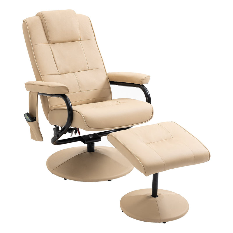 Poltrona de Massagem Elétrica com Banco para Apoiar os Pés Poltrona Relax Giratório Reclinável em até 145° com Controle Remoto e 10 Zonas de Massagem Estofado em PU 77x84x95cm Bege