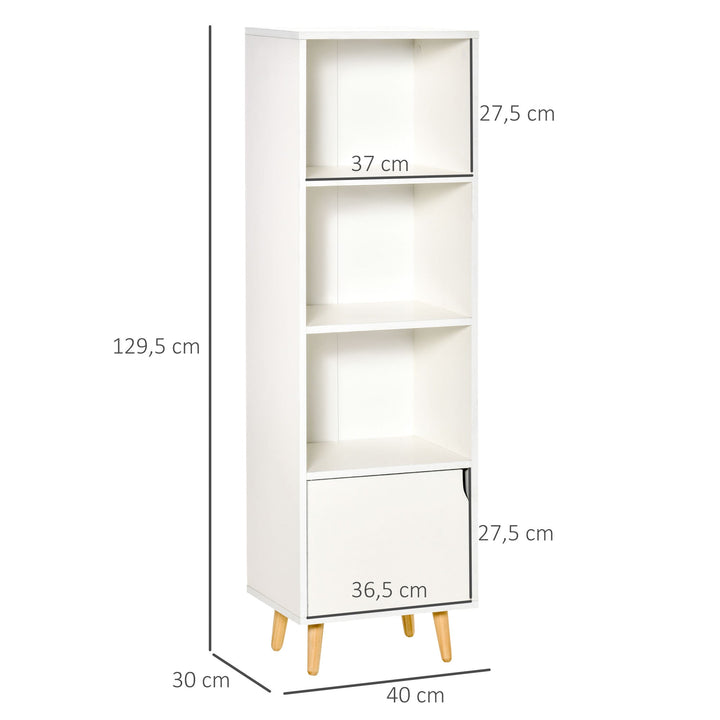 Estante com 3 Prateleiras Abertas e 1 Fechada com Porta Estante de Estilo Moderno para Armazenamento de Livros Brinquedos Plantas 40x30x129,5cm Branco
