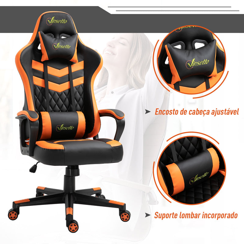 Cadeira gaming para escritório Ergonômico Altura ajustável basculante com apoio de cabeça e almofada lombar 61x70x121-129 cm laranja