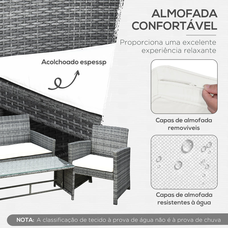 Conjunto Móveis de Jardim de Vime Conjunto de 4 Peças Incluindo 1 Sofá de 2 Lugares 2 Poltronas e 1 Mesa de Centro com Bancada de Vidro para Varanda Cinza