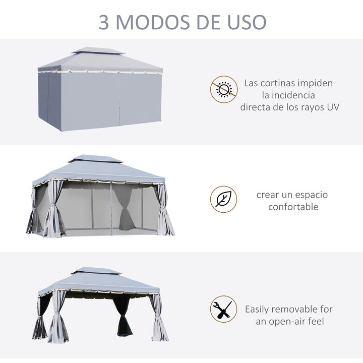 Pérgola de Jardim 4x3m Pérgola de Alumínio com Teto de Ventilação 4 Cortinas Laterais Tela Mosquiteira e 8 Orifícios de Drenagem para Exterior Pátio Festas Cinza
