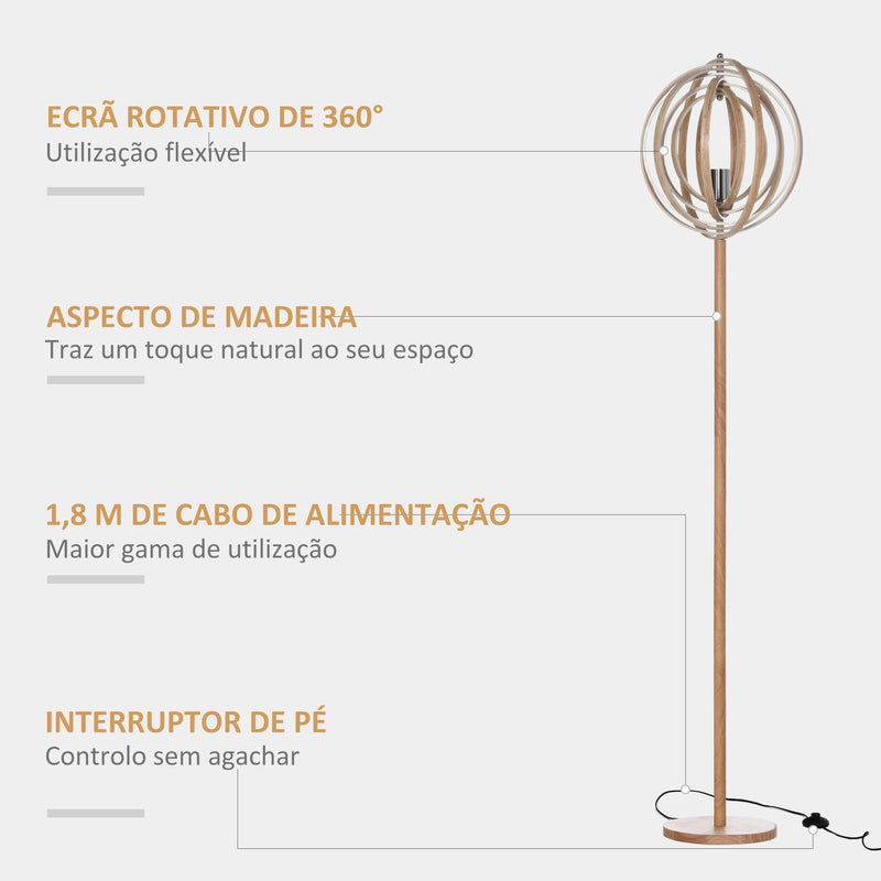 Candeeiro de Pé com Ecrã Giratório de 360° Interruptor de Pé LED E27 Máx. 40W Base de Madeira Candeeiro de Pé para Sala de Estar Dormitório Estúdio 38x38x160cm Natural