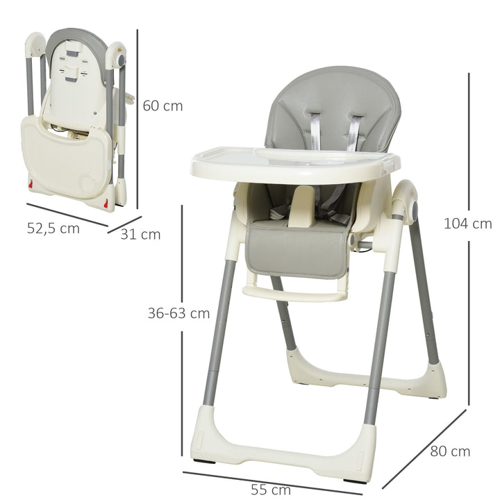 Cadeira de refeição ajustável e dobrável para bebê acima de 6 meses com bandeja dupla 55x80x104 cm Cinza