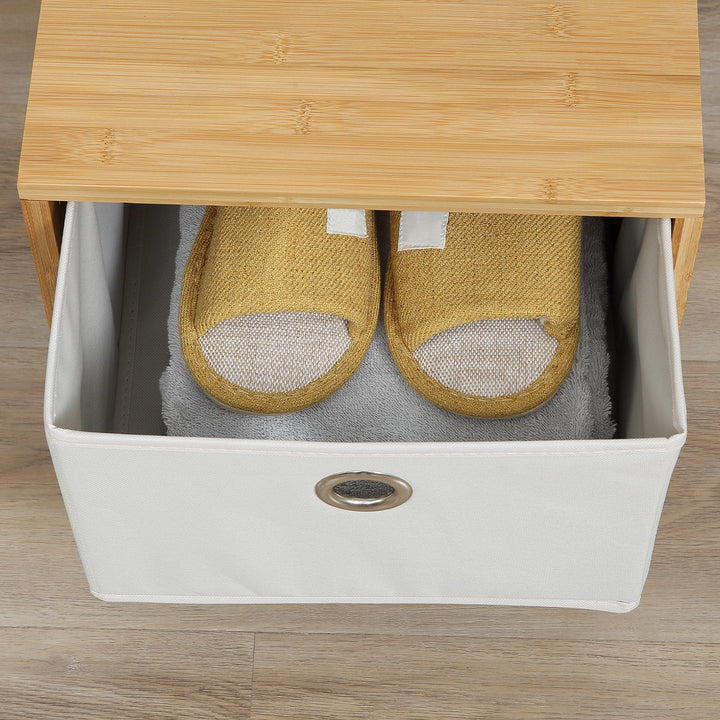 Cabide de Pé de Bambu com Banco Gaveta de Tecido e 8 Ganchos para Pendurar Roupa Bolsas Casacos para Entrada Sala de Estar Corredor 35x35x177cm Natural