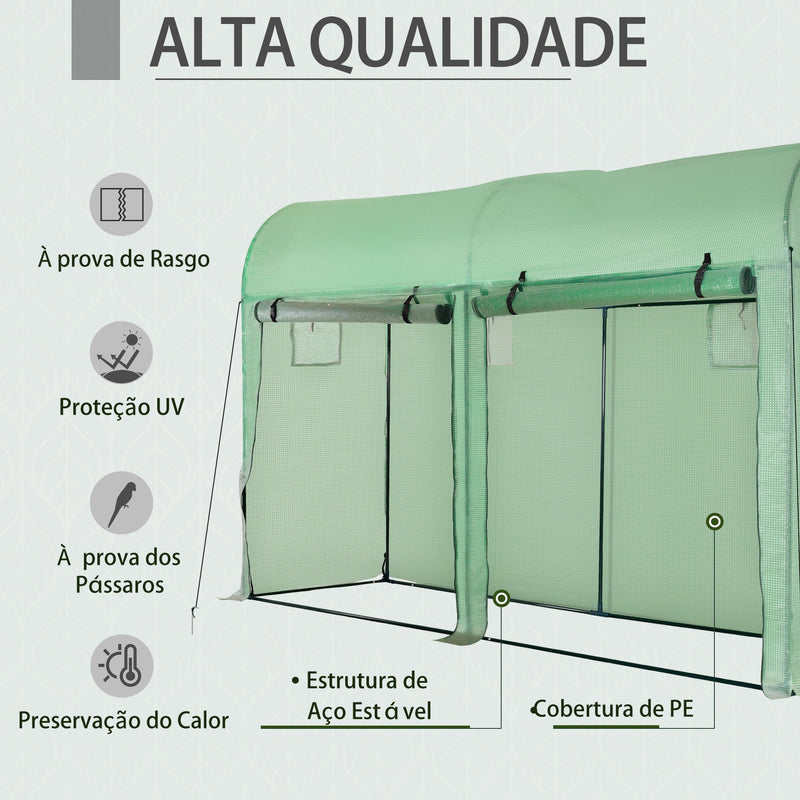 Estufa Jardim Tipo Túnel com 4 janelas e 2 portas para Plantas de PE de aço 300x100x200 cm Verde